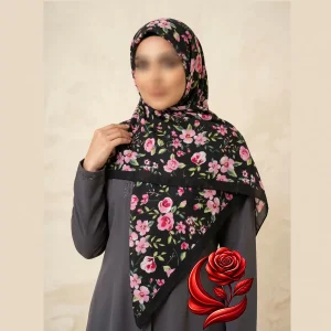 روسری سوپر نخ زمینه مشکی با گل های صورتی