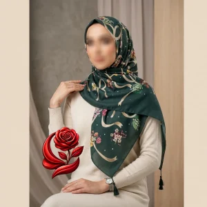 روسری سوپر نخ زمینه سبز با طرح دسته گل و روبان قواره120